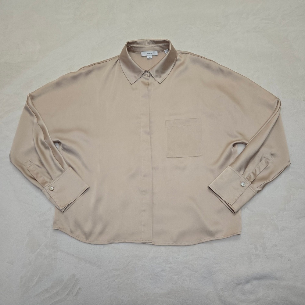 Vince Womens Champagne Beige Satin Relaxed Cropped Button Down Blouse Medium M - Picture 11 of 16
